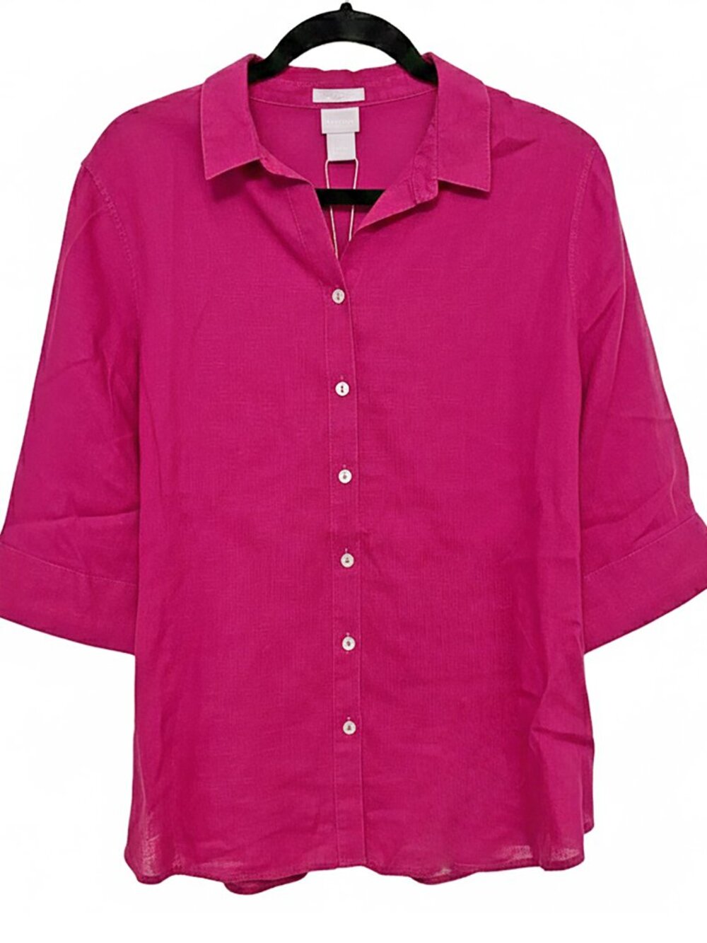 Chico's No Iron Linen Shirt Solid Botanic Berry Pink 3/4 Sleeve NWT Size 2